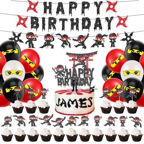 Ninja Geburtstag Dekoration Set - Party Dekorationen für Jungen, Happy Birthday Deko Banner, Luftballons, Cake Topper, Cupcake Aufsatz für Kinder Geburtstags Party Kuchen Deko Ninja Geburtstag Dekoration Set - Party Dekorationen für Jungen, Happy Birthday Deko Banner, Luftballons, Cake Topper, Cupcake Aufsatz für Kinder Geburtstags Party Kuchen Deko von CODOMOR