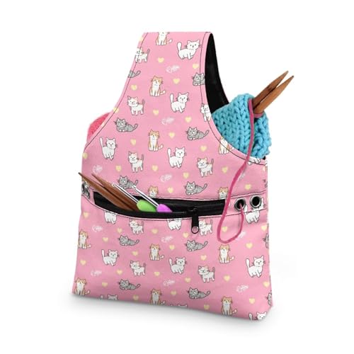 COEQINE Aufbewahrungstasche für Nähset, Größe S, für Damen, niedliche rosa Katzen, hübscher Tier-Organizer mit Griffen, tragbar, maschinenwaschbar, 20 x 4,5 x 26 cm von COEQINE