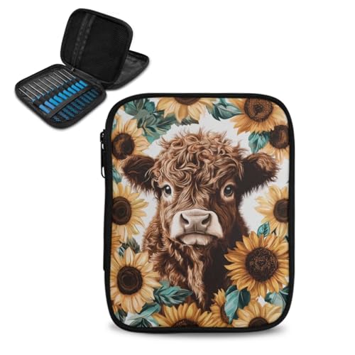 COEQINE Kawaii Hochlandkuh Häkel-Aufbewahrungstasche für Damen, Sonnenblumen-Häkelnadel, Organizer, Strickzubehör, Etui für Reisen, robuste Reißverschluss-Box COEQINE Kawaii Hochlandkuh Häkel-Aufbewahrungstasche für Damen, Sonnenblumen-Häkelnadel, Organizer, Strickzubehör, Etui für Reisen, robuste Reißverschluss-Box von COEQINE