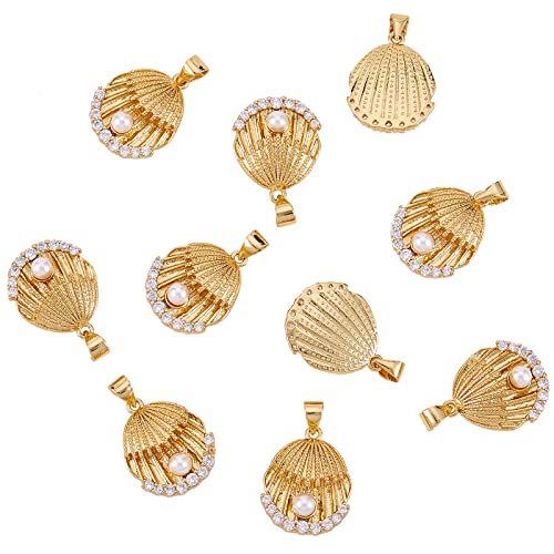 COGCHARGER 10 Stück Muschelanhänger Messing klare Zirkonia Anhänger Muschel Messing Charm Anhänger mit Acrylperlen für Schmuckherstellung von COGCHARGER