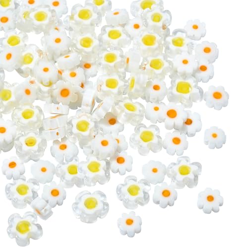 COGCHARGER 110 Stück Glas Perlen Blume Weiße Gänseblümchen Blumenperlen Handgefertigte Millefiori Glas Glasperlen 2 Stile Für Die DIY Schmuckherstellung von COGCHARGER