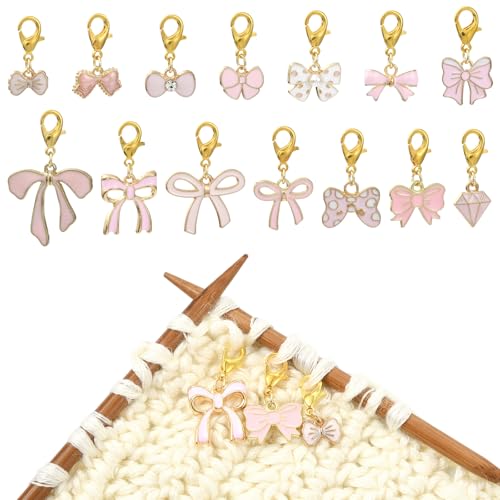 COGCHARGER 14 Stück Rosa Maschenmarkierer Mit Schleife Zum Stricken Emaille Legierung Abnehmbare Häkel Strickmarkierer Mit Karabinerverschluss Anhängern Zum Nähen Weben Zubehör DIY Handwerk von COGCHARGER