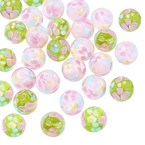 COGCHARGER 30 Stück 12mm Handgefertigte Glas Perlen Runde Glasperlen In Blumenform 2 Farben Für Armbänder Halsketten Ohrringe Schmuckherstellung (Grün + Rosa) von COGCHARGER