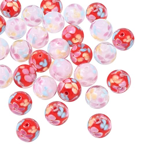 COGCHARGER 30 Stück 12mm Handgefertigte Glas Perlen Runde Glasperlen In Blumenform 2 Farben Für Armbänder Halsketten Ohrringe Schmuckherstellung (Rot + Rosa) von COGCHARGER