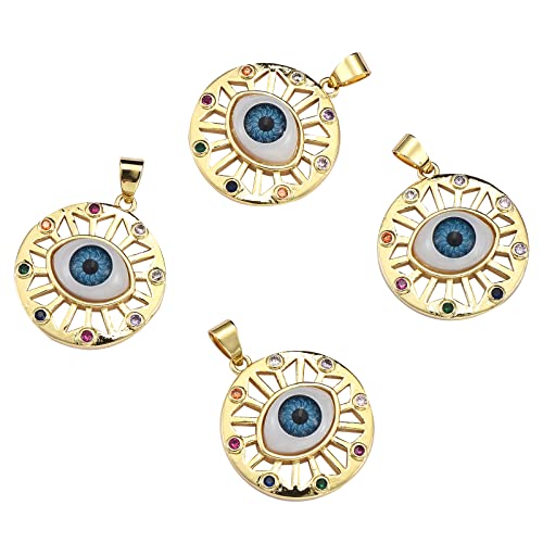 COGCHARGER 4 Stück flache runde Messinganhänger mit Auge aus Messing, Mikro-Pavé-Fassung, bunte Zirkonia-Anhänger mit Harz für Schmuck, Halsketten, Armbänder, Ohrringe von COGCHARGER