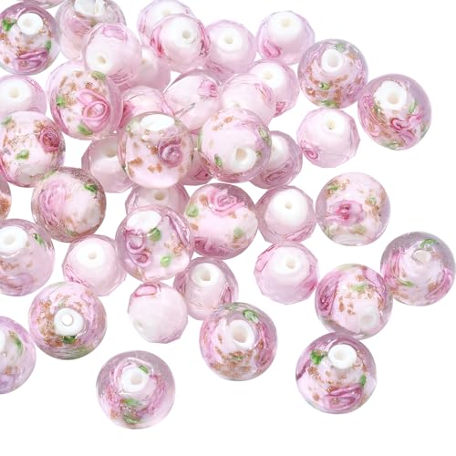 COGCHARGER 50 Stück 12mm Handgefertigte Glas Perlen In Goldsand Form Runde Flach Runde Glasperlen In Blumenform 2 Stile Für Armbänder Halsketten Ohrringe Schmuckherstellung (Pink) von COGCHARGER