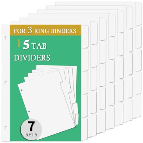 Ordner-Trennblätter für 3-Ringbuch, 7 Sets blanko beschreibbare Seiten-Trennblätter mit 5 Tabs, 1/5 Schnitt-Tabs, 3 Loch, 5 Registerkarten für Schule, Büro, Zuhause, 35 Trennblätter, Briefgröße, Weiß Ordner-Trennblätter für 3-Ringbuch, 7 Sets blanko beschreibbare Seiten-Trennblätter mit 5 Tabs, 1/5 Schnitt-Tabs, 3 Loch, 5 Registerkarten für Schule, Büro, Zuhause, 35 Trennblätter, Briefgröße, Weiß von COIDEA