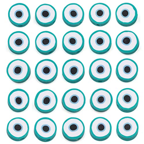 COIRIS 200 Stück Evil Eye Vinyl Perlen 9-10 mm Cyan flach rund handgefertigt Polymer Clay Spacer Disc Perlen für Chocker Halskette Armband Ohrringe Schmuckherstellung (RT-E-Cyan) von Coiris