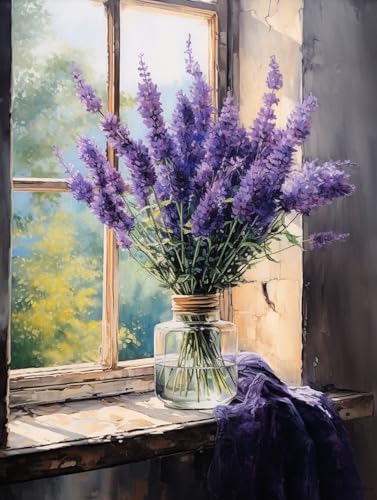 COKYIS 14CT Landschafts-Kreuzstich-Sets Mit Zählmuster „Lavendel Auf Der Fensterbank“，Kreuzstich-Starter-Set Für Erwachsene，Diy-Nadelspitzen-Sets，Stickmuster 50x70cm von COKYIS