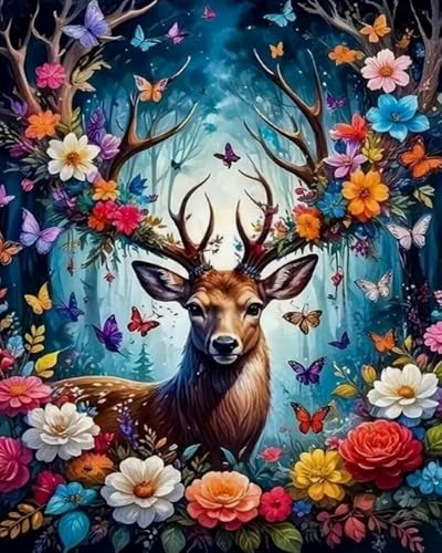 COKYIS 5D-Diamant-Malerei-Kits für Erwachsene Kinder Hirsch mit Blumen und Tieren Round Diamanten Crystal Strass Nach Zahlen Art DIY Malen Set,für Home Wand Decor(40 * 50cm) von COKYIS