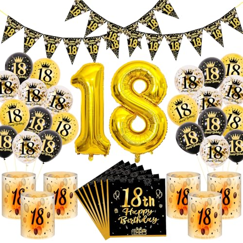18 Geburtstag Deko, Schwarz Gold 18 Geburtstag Deko,Luftballons Dekos 18 mit Geburtstags Wimpel,Windlicht Servietten,Geburtstags Hintergrund für Männer Frauen Party Dekos 18 Geburtstag Deko, Schwarz Gold 18 Geburtstag Deko,Luftballons Dekos 18 mit Geburtstags Wimpel,Windlicht Servietten,Geburtstags Hintergrund für Männer Frauen Party Dekos von COLANANA