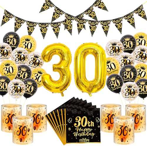 30 Geburtstag Deko, Schwarz Gold 30 Geburtstag Deko,Luftballons Dekos 30 mit Geburtstags Wimpel,Windlicht Servietten,Geburtstags Hintergrund für Männer Frauen Party Dekos 30 Geburtstag Deko, Schwarz Gold 30 Geburtstag Deko,Luftballons Dekos 30 mit Geburtstags Wimpel,Windlicht Servietten,Geburtstags Hintergrund für Männer Frauen Party Dekos von COLANANA