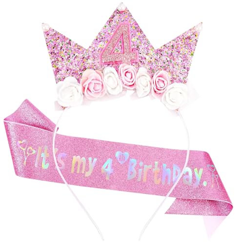 COLANANA Dekoration zum 4. Geburtstag, Stirnband und Glitzer-Schärpe für Mädchen, Blumenprinzessin-Stirnband für Geburtstag, Mädchen-Outfit COLANANA Dekoration zum 4. Geburtstag, Stirnband und Glitzer-Schärpe für Mädchen, Blumenprinzessin-Stirnband für Geburtstag, Mädchen-Outfit von COLANANA