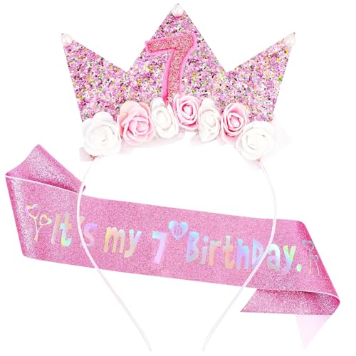COLANANA Dekoration zum 7. Geburtstag, Stirnband und Glitzer-Schärpe für Mädchen, Blumenprinzessin-Stirnband für Geburtstag, Mädchen-Outfit COLANANA Dekoration zum 7. Geburtstag, Stirnband und Glitzer-Schärpe für Mädchen, Blumenprinzessin-Stirnband für Geburtstag, Mädchen-Outfit von COLANANA