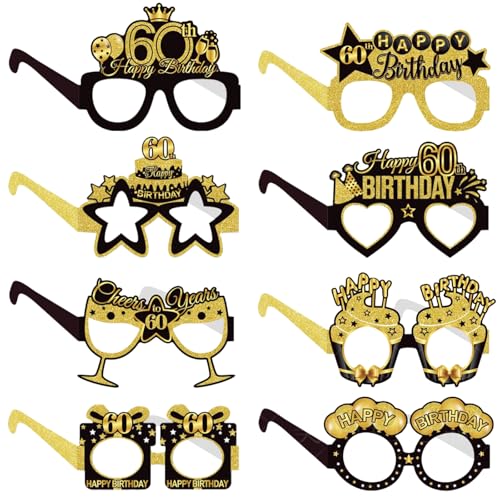 COLANANA Geburtstag Party Brille Dekoration,8 Stück Lustige Papier 60th Geburtstag Brille Deko,60th Geburtstag Party Dekorationen,Geburtstag Photo Booth Requisiten Zubehör für Frauen Männer von COLANANA