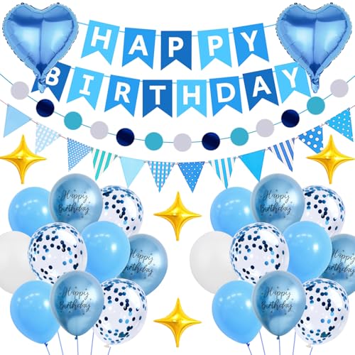 COLANANA "Happy Birthday"-Banner, Ballon-Dekoration, blaues Themen-Dekorationsset mit Banner, Kreis-Punkt-Papiergirlande, Wimpel, Stern-Herz-Luftballons für Damen und Herren COLANANA "Happy Birthday"-Banner, Ballon-Dekoration, blaues Themen-Dekorationsset mit Banner, Kreis-Punkt-Papiergirlande, Wimpel, Stern-Herz-Luftballons für Damen und Herren von COLANANA
