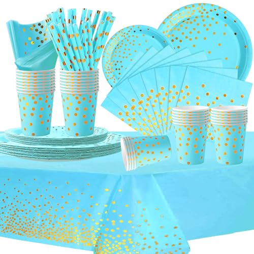 COLANANA Partygeschirr Kindergeburtstag,Hellblaues Gold Geburtstag Party Geschirr Set mit Teller Tischdecke Tassen Servietten Papier Strohhalme für Babydusche Geburtstag Hochzeit Party(16 Gäste) von COLANANA
