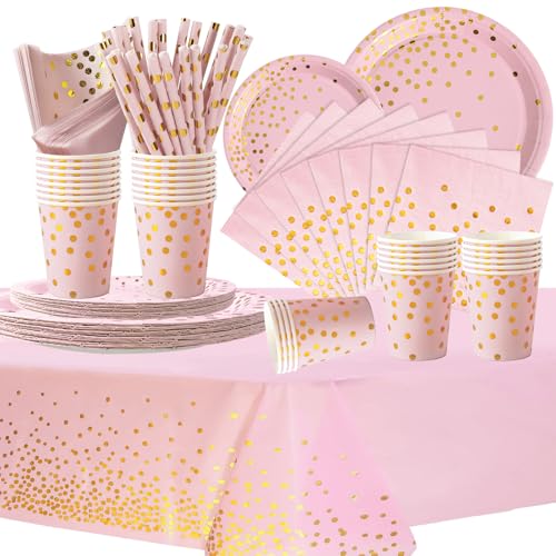 COLANANA Partygeschirr Kindergeburtstag,Roségold Geburtstag Party Geschirr Set mit Teller Tischdecke Tassen Servietten Papier Strohhalme für Babydusche Geburtstag Hochzeit Party(16 Gäste) von COLANANA