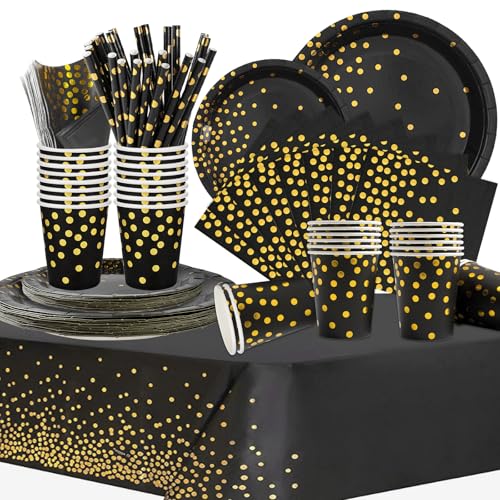 COLANANA Partygeschirr Kindergeburtstag,Schwarzes Gold Geburtstag Party Geschirr Set mit Teller Tischdecke Tassen Servietten Papier Strohhalme für Babydusche Geburtstag Hochzeit Party(16 Gäste) von COLANANA