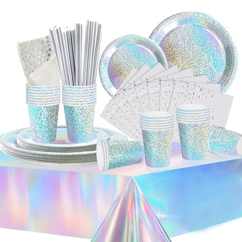 COLANANA Partygeschirr Kindergeburtstag,Silberne Punkte Geburtstag Party Geschirr Set mit Teller Tischdecke Tassen Servietten Papier Strohhalme für Babydusche Geburtstag Hochzeit Party(16 Gäste) von COLANANA