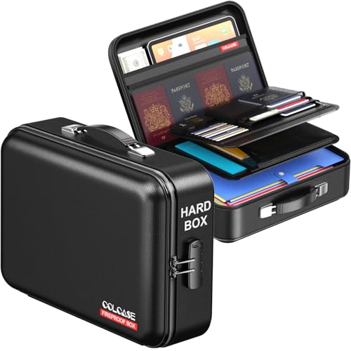 Feuerfeste Dokumentenbox, Hartschalenkoffer, feuerfeste Box mit Schloss, Hartschalen-Design, feuerfest, wasserabweisend, Safebox, Aktenordner, Organizer für wichtige Dokumente, Zertifikate, Laptop von COLCASE
