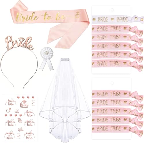 16 Stück Junggesellenabschied Frauen Accessoires, Bride to be und Team Deko Set, Mit 10 Team Braut Armbänder, 1 Braut Armband, Tiara, bride to be schärpe, Schleier, Abzeichen, Tattoo Stickers von COLEESON