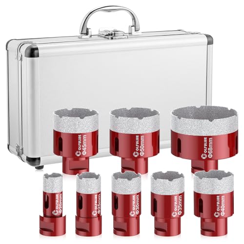 COLFULINE 8PCS Diamantbohrer Set Lochsäge Bohrkrone 20/25/30/35/40/45/50/68 mm Fliesenbohrer Glasbohre M14 Gewinde Bohrer Feinsteinzeug Set für Keramik Granit Glas Marmor Fliesen Trockenbohren(Rot) von COLFULINE