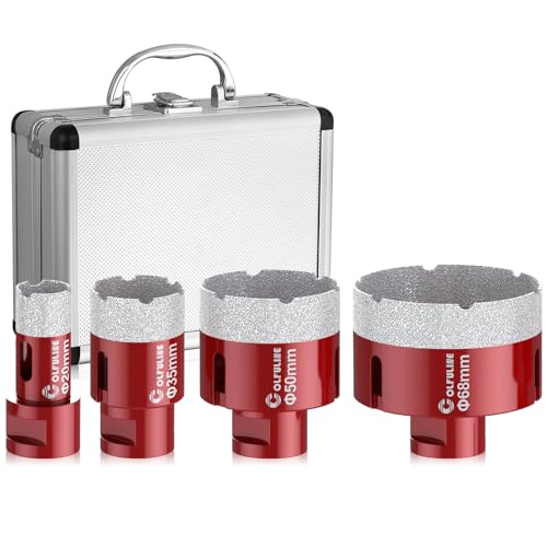 COLFULINE Diamantbohrer Fliesenbohrer Set, 4PCS 20/35/50/68mm Diamantbohrer Fliesenbohrer Glasbohre M14 Gewinde Bohrer Feinsteinzeug Set für Keramik Granit Glas Marmor Fliesen Trockenbohren(Rot) von COLFULINE