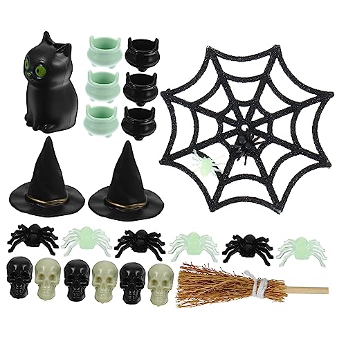 COLLBATH 1 Satz Halloween Miniatur Dekorationen Kunststoff Puppenhaus Ornamente Mini Hexenhut Spinnennetz Katze Besen Kessel von COLLBATH