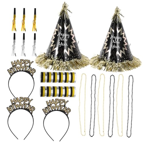 COLLBATH Neujahrs-partyset Schwarz-gold mit Papierhüten Perlenkette Papphörnern Leichtes Buntes Silvester-deko-set für Festliche Stimmung und Vielseitige Tischdekoration von COLLBATH