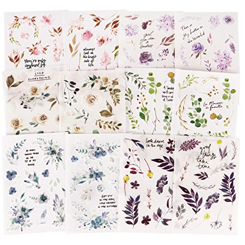 12 Blatt Transferaufkleber Blumen Scrapbooking Sticker Aufkleber Vintage Rub On Pflanzen Deko Zubehör für DIY Basteln Scrapbook Album Tagebuch Journal Laptop Handy von COLOFALLA