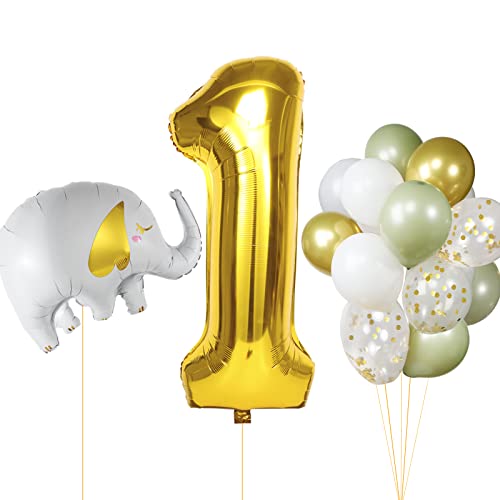 COLOFALLA 16 Pcs 1. Geburtstag Deko Luftballons Zahl 1 Elefant Folienballons Wild One Babyparty Dekoration Grün Gold Weiß Ballons Dschungel Safari 1 Geburtstagsdeko Neutral von COLOFALLA