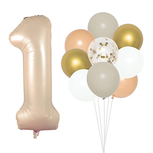 17 Pcs 1. Geburtstag Deko für Mädchen Junge Luftballons Zahl 1 Hellbraun Folienballon 16 pcs Latex Ballons Beige Weiß Gold Erster Geburtstag Party Dekoration Boho Geburtstagsdeko von COLOFALLA