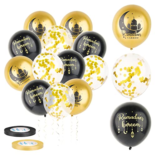 30 Pcs Ramadan Luftballons Ramadan Deko Schwarz Gold Ballons Eid Mubarak Islamische Feiern Muslim Party Dekoration mit 4 Bänder (Schwarz Gold) von COLOFALLA