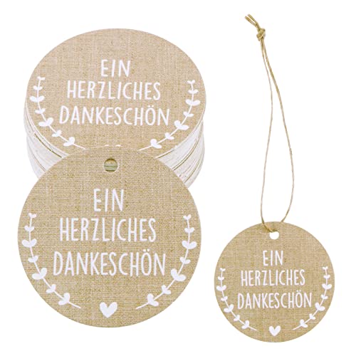 50 Stk Danke Anhänger Geschenkanhänger Hochzeit Etiketten Ein Herzliches Dankeschön Rund Vintage Gastgeschenke Kommunion Konfirmation Deko und Jute Schnur Papieranhänger zum Basteln Taufe von COLOFALLA