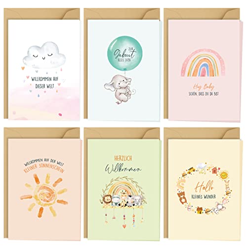 6 x Karten zur Geburt Grußkarte mit Umschlag Klappkarten Regenbogen Tiere für Junge Mädchen Glückwunschkarte Babykarten Geschenke zur Taufe Babyparty Oh Baby Party von COLOFALLA