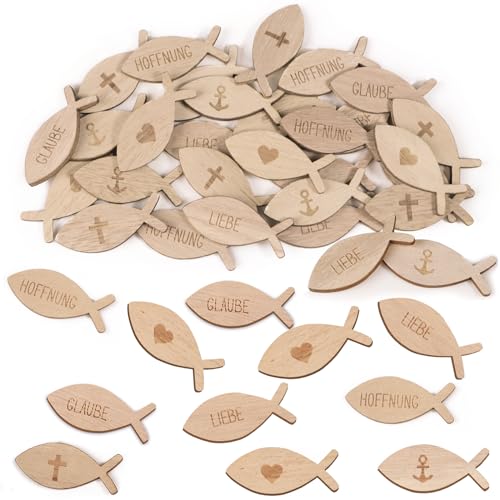 COLOFALLA 60 Stücke Kommunion Konfetti Kommunion Streudeko Taufe Konfetti Fisch Streudeko Taufdeko Holz Fisch Tischdeko zum Basteln DIY Konfirmation Deko Junge Mädchen von COLOFALLA