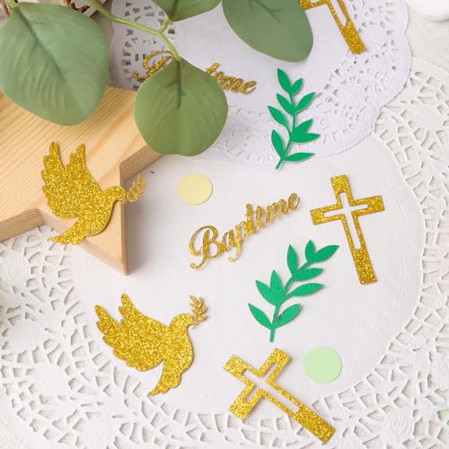 COLOFALLA 100 Stücke Taufe Konfetti auf Französisch Baptême Taube Blatt Kreuz Rund aus Zweiseitigem Papier Kommunion Konfetti Konfirmation Konfetti Baby Shower Deko von COLOFALLA