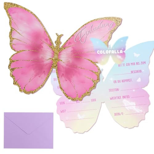 COLOFALLA 12 Stück Einladungskarten Kindergeburtstag Mädchen Schmetterling Einladungskarten Party Einladung Karte zur Geburtstag Kinder Frauen Geburtstagseinladungen (Schmetterling mit Umschlag) von COLOFALLA