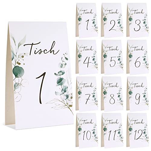 COLOFALLA 12 Stück Tischnummern 1-12 Eukalyptus Weiß Tischkarten Hochzeit Platzkarten Tischdeko aus Papier Nummern Zahlen für Geburtstag Party Taufe Kommunion Konfirmation von COLOFALLA