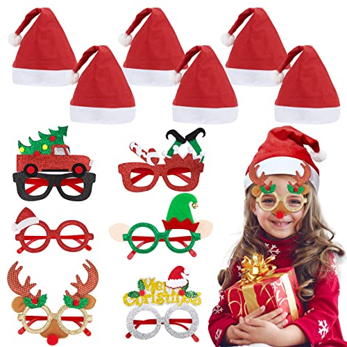 COLOFALLA 12 Stück Weihnachtsmütze Weihnachten Brille Nikolausmütze Weihnachtsbrille Partyhüte Kopfbedeckung Weihnachtsmann Mütze Party Accessoires für Erwachsene Kinder (6 Partybrille + 6 Hüte) von COLOFALLA