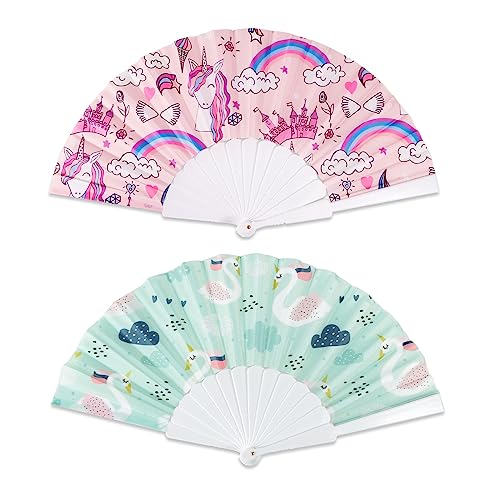 COLOFALLA 2 Stück Handfächer Mädchen Party Mitgebsel Fächer Klein Einhorn Kindergburtstag Sommer Geschenke für Mädchen Kinder mit Organzasäckchen von COLOFALLA