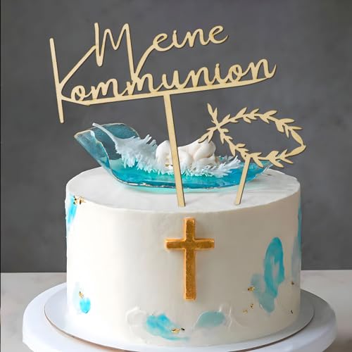 COLOFALLA 2 Stücke Cake Topper zur Kommunion Holz Kommunion Torten Topper Kuchen Topper Kommunion Fisch Kuchen Deko Kommunion Tortendeko für Kommunion Junge Mädchen von COLOFALLA