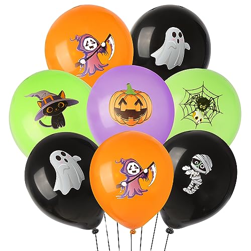 COLOFALLA 24 Stück Halloween Luftballons Deko - Latax 12 Zoll Ghost Spinne Kürbis Party Dekoration mit 2 Bändern 6 Formen (B) von COLOFALLA