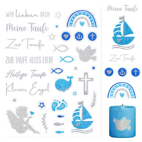 COLOFALLA 5 Blätter Taufe Sticker Kerzentattoos Kommunion Blau Glitzer Taufe Aufkleber Kommunion Aufkleber Kommunion Sticker Konfirmation Sticker Konfirmation Aufkleber für Mädchen Junge (Blau) von COLOFALLA