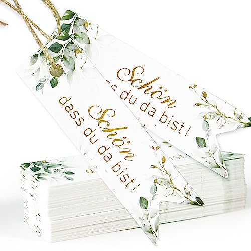 COLOFALLA 50 Stück Schön Dass Du Da Bist Anhänger Hochzeit Geschenkanhänger Kommunion Konfirmation Eukalyptus Etiketten Tags Deko für Gastgeschenke Taufe Party mit 10M Juteschnur (50) von COLOFALLA