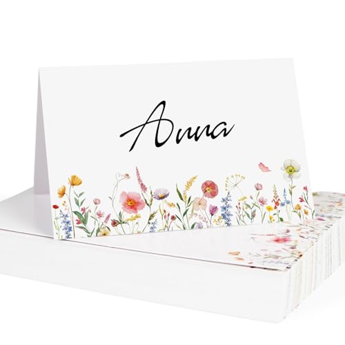 COLOFALLA 50 Stücke Namenkarten Hochzeit Platzkarten Blumen 8.5 x 5.5 cm Tischkarten zum selbst Beschriften Namenkarten für Hochzeit Geburtstag Feier Gäste von COLOFALLA