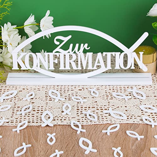 COLOFALLA Konfirmation Deko Holz Tischdeko Weiß Schriftzug Zur Konfirmation Holzdeko Aufsteller 36 Pcs Streudeko Fische für Mädchen Junge Dekoration von COLOFALLA