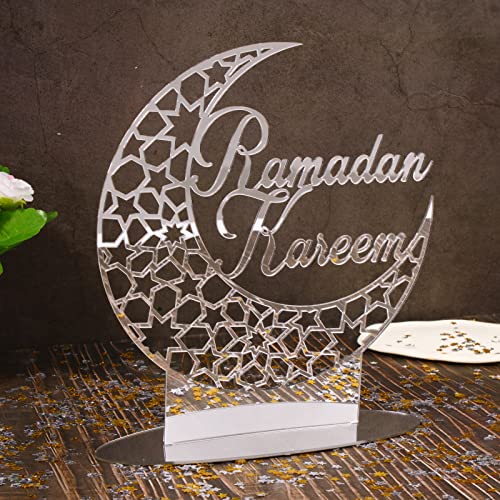 COLOFALLA Tischdeko Eid Mubarak Silber Schild zum Hinstellen Mond Ramadan Aufsteller mit 500Pcs Streudeko Konfetti Sterne Mond Verzierung für Islamische Party Bankett Muslim (Silber) von COLOFALLA