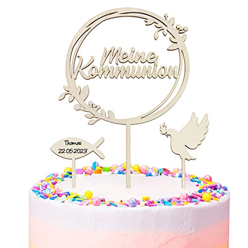 Cake Topper Holz Meine Kommunion Torten Tortendeko Taube Fisch Erstkommunion Kuchen Deko Party Dekoration für Junge Mädchen von COLOFALLA